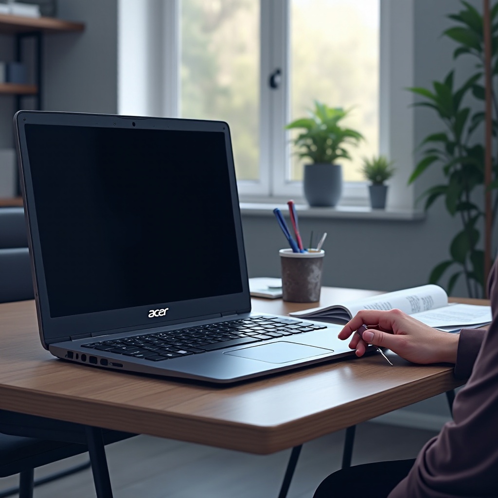 laptop Acer lumina albastră este aprinsă, dar ecranul este negru