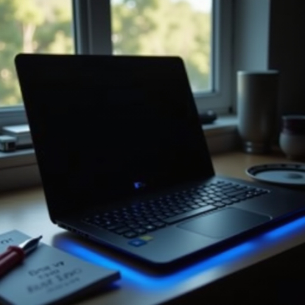 جهاز لابتوب أيسر يُضيء فيه الضوء الأزرق لكن الشاشة سوداء